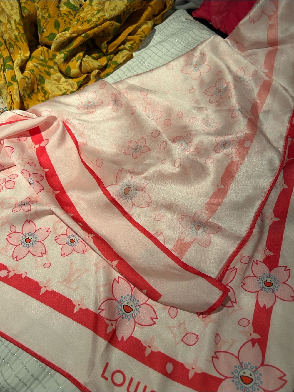 Louis Vuitton Pink Floral Logo Silk Scarf - Picture 2 of 4